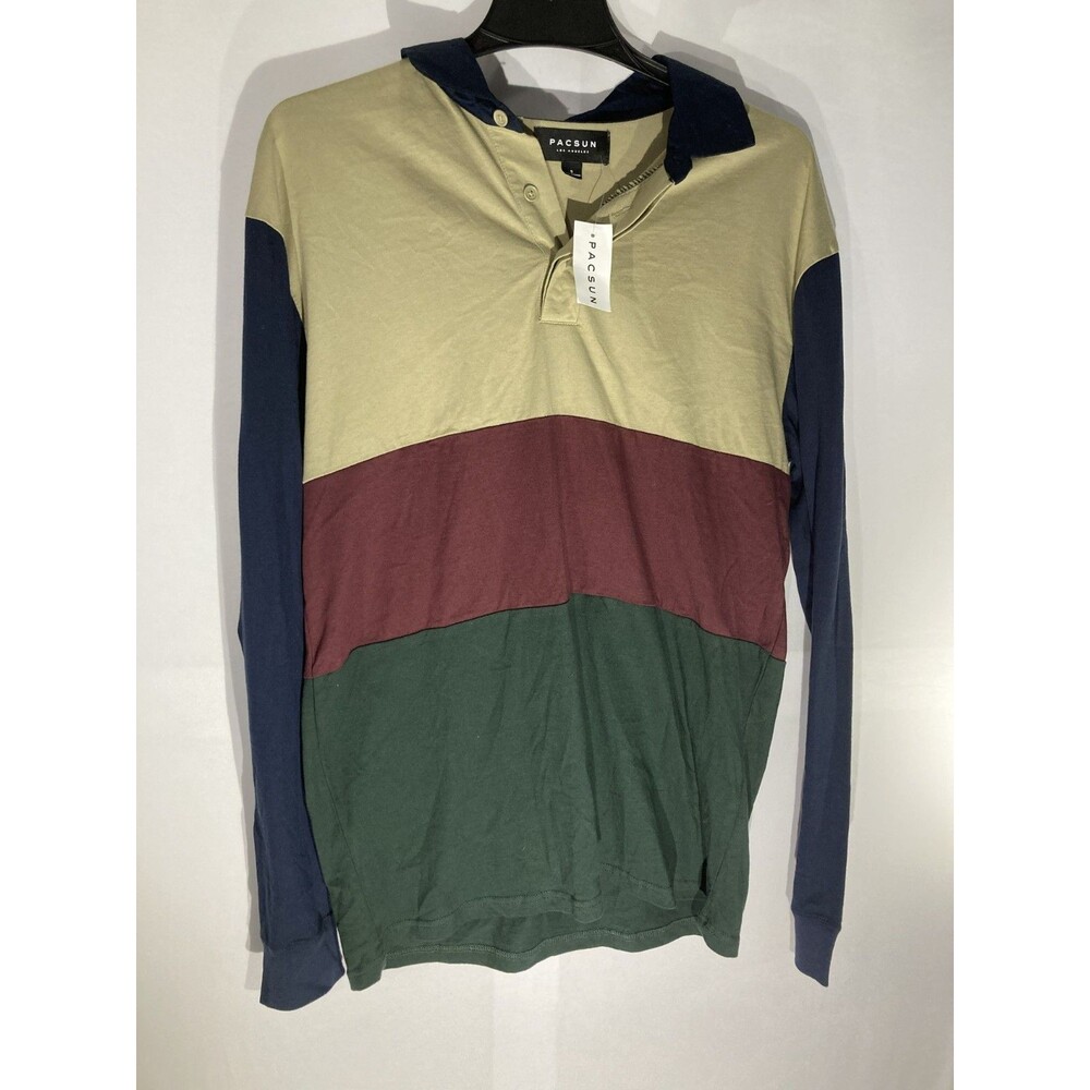 PacSun Long Sleeve Rugby Shirt Mens Small NWT Colorblock Polo Tan Burgundy Green